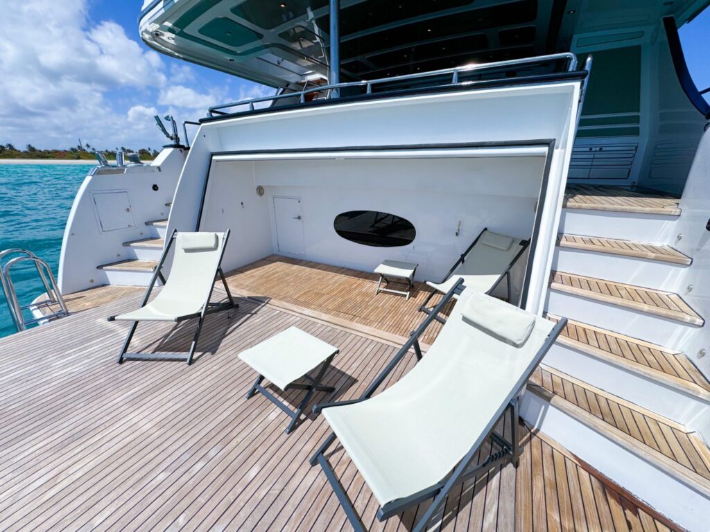 Transom of PRIVILEGE, a 112 foot Custom Line yacht for charter in the Caribbean.