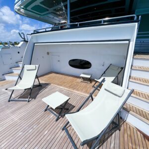 Transom of PRIVILEGE, a 112 foot Custom Line yacht for charter in the Caribbean.