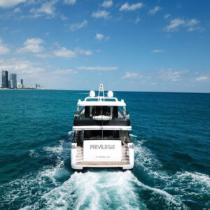 Aft profile of PRIVILEGE, a 112 foot Custom Line yacht for charter in the Caribbean.