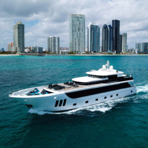 Running profile of PRIVILEGE, a 112 foot Custom Line yacht for charter in the Caribbean.
