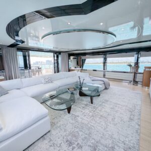 Main salon of PRIVILEGE, a 112 foot Custom Line yacht for charter in the Caribbean.