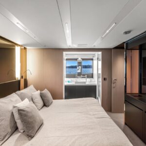 Master stateroom of SAMIRA, a 76-foot Riva yacht for charter in the Mediterranean.