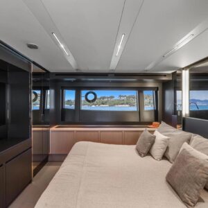Master stateroom of SAMIRA, a 76-foot Riva yacht for charter in the Mediterranean.
