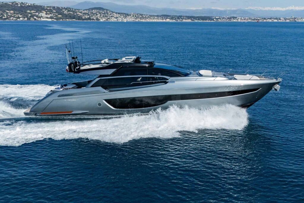 Profile of SAMIRA, a 76-foot Riva yacht for charter in the Mediterranean.