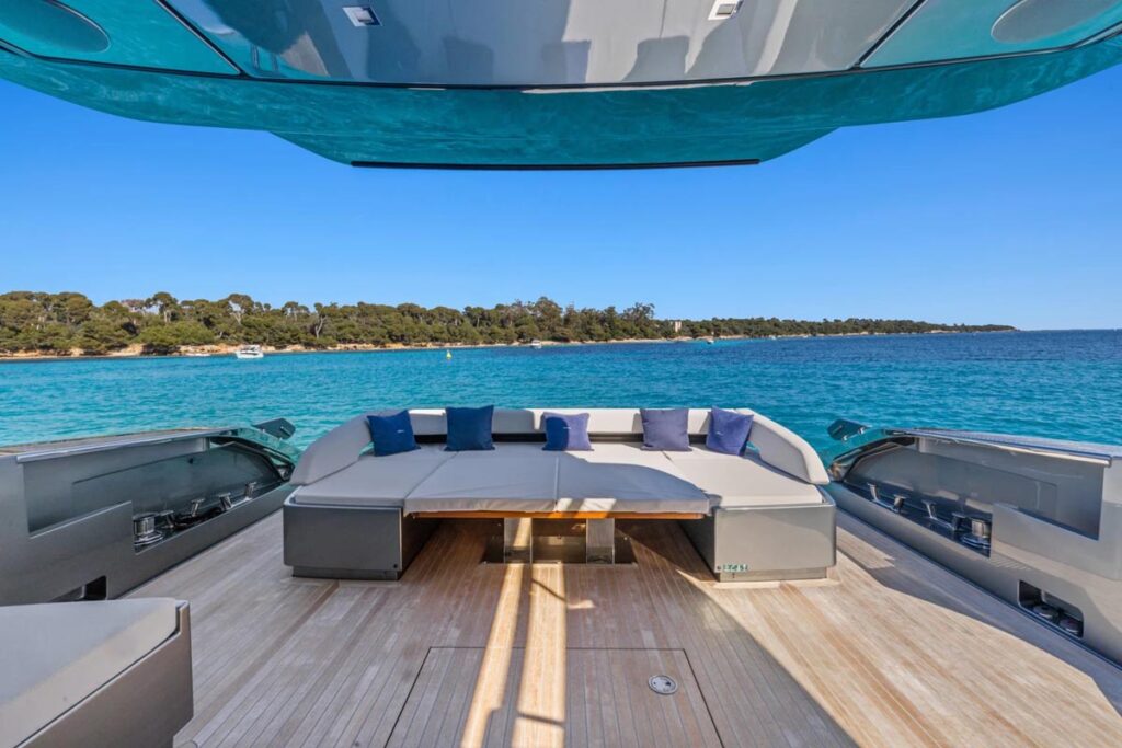 Aft deck of SAMIRA, a 76-foot Riva yacht for charter in the Mediterranean.