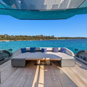 Aft deck of SAMIRA, a 76-foot Riva yacht for charter in the Mediterranean.