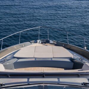 Bow of SAMIRA, a 76-foot Riva yacht for charter in the Mediterranean.
