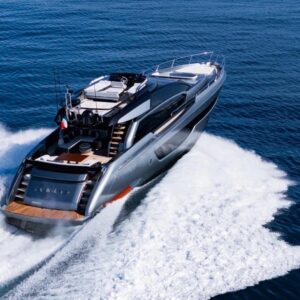Running profile of SAMIRA, a 76-foot Riva yacht for charter in the Mediterranean.