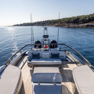 Sundeck of SAMIRA, a 76-foot Riva yacht for charter in the Mediterranean.