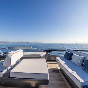 Sundeck of SAMIRA, a 76-foot Riva yacht for charter in the Mediterranean.