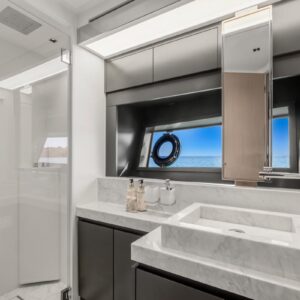 Master ensuite of SAMIRA, a 76-foot Riva yacht for charter in the Mediterranean.