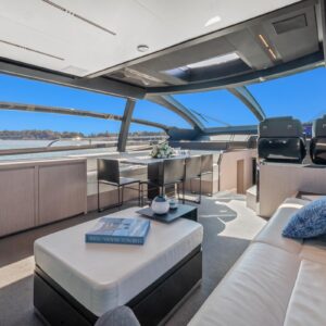 Main salon of SAMIRA, a 76-foot Riva yacht for charter in the Mediterranean.