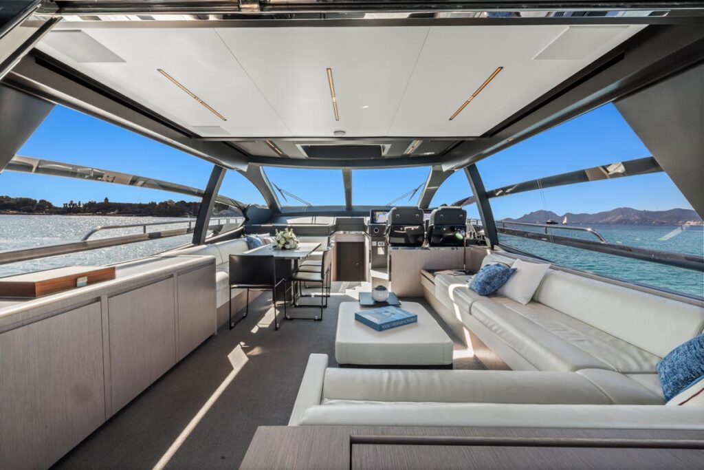 Main salon of SAMIRA, a 76-foot Riva yacht for charter in the Mediterranean.