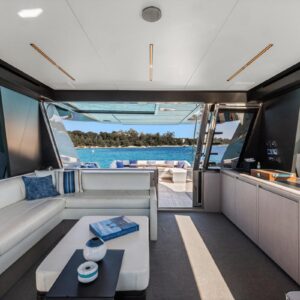 Main salon of SAMIRA, a 76-foot Riva yacht for charter in the Mediterranean.