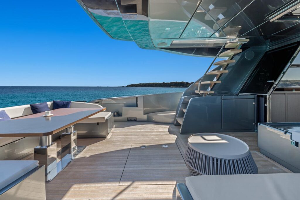 Aft deck of SAMIRA, a 76-foot Riva yacht for charter in the Mediterranean.
