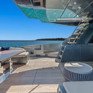 Aft deck of SAMIRA, a 76-foot Riva yacht for charter in the Mediterranean.