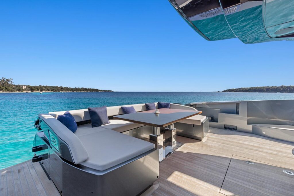 Aft deck of SAMIRA, a 76-foot Riva yacht for charter in the Mediterranean.
