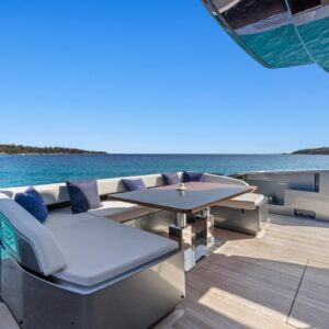 Aft deck of SAMIRA, a 76-foot Riva yacht for charter in the Mediterranean.