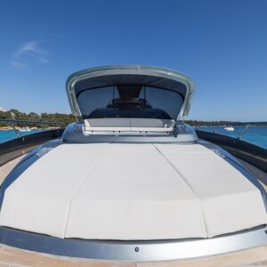 Bow of SAMIRA, a 76-foot Riva yacht for charter in the Mediterranean.