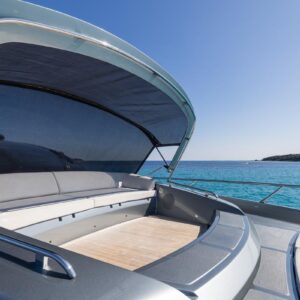 Bow of SAMIRA, a 76-foot Riva yacht for charter in the Mediterranean.