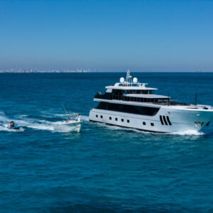 Running profile of PRIVILEGE, a 112 foot Custom Line yacht for charter in the Caribbean.