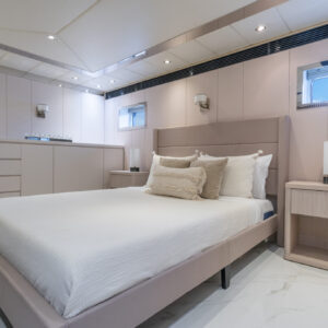 Guest stateroom of PRIVILEGE, a 112 foot Custom Line yacht for charter in the Caribbean.