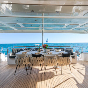 Aft deck of PRIVILEGE, a 112 foot Custom Line yacht for charter in the Caribbean.