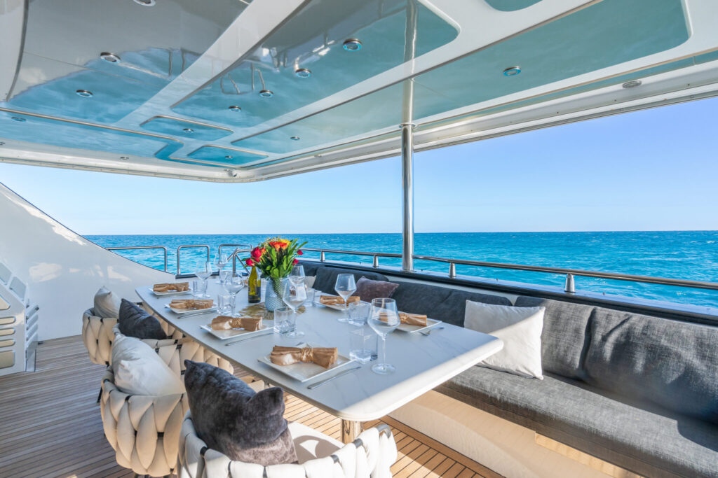 Aft deck of PRIVILEGE, a 112 foot Custom Line yacht for charter in the Caribbean.