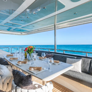 Aft deck of PRIVILEGE, a 112 foot Custom Line yacht for charter in the Caribbean.