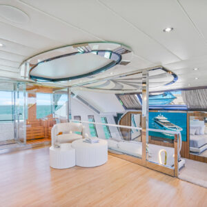 Master stateroom of PRIVILEGE, a 112 foot Custom Line yacht for charter in the Caribbean.