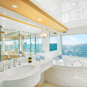 Master ensuite of PRIVILEGE, a 112 foot Custom Line yacht for charter in the Caribbean.
