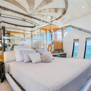 Master stateroom of PRIVILEGE, a 112 foot Custom Line yacht for charter in the Caribbean.
