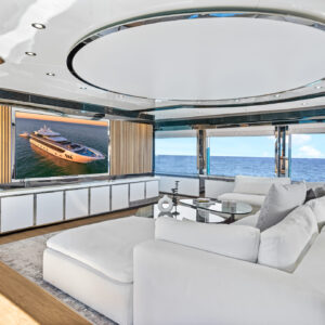 Main salon of PRIVILEGE, a 112 foot Custom Line yacht for charter in the Caribbean.
