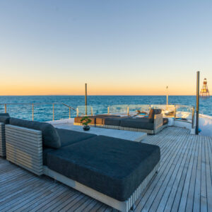Bow lounge of PRIVILEGE, a 112 foot Custom Line yacht for charter in the Caribbean.