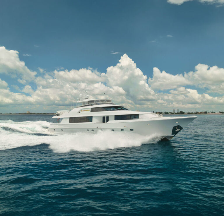 Running profile of SLEEPOVER, a 112 foot Westport yacht for charter in The Bahamas and Caribbean.