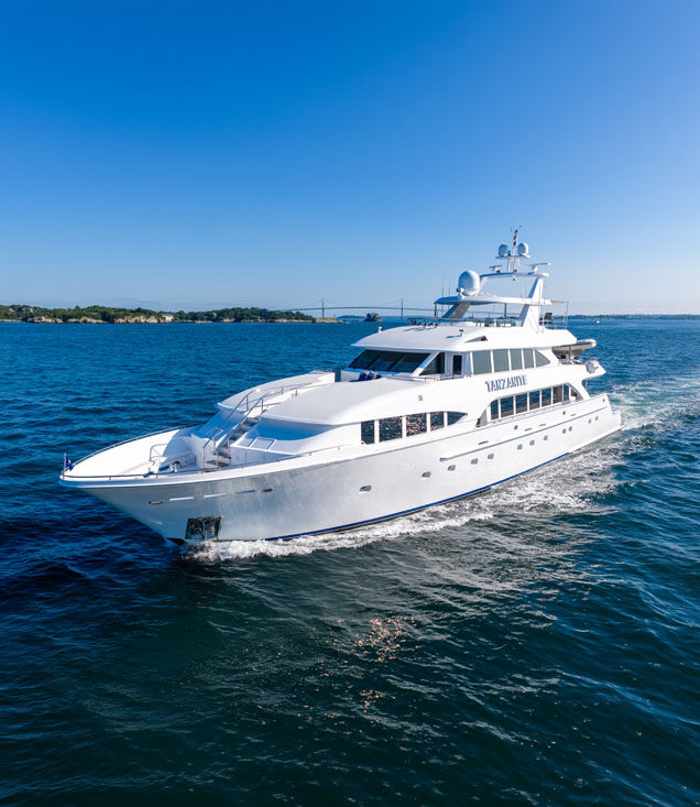 Running profile of TANZANITE, a 145 foot Westship yacht for charter in New England and the Caribbean.
