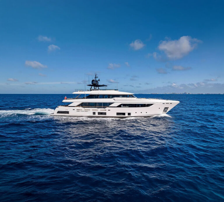 Running profile of NO SURRENDER, a 121 foot R Custom Line yacht for charter in the Caribbean.