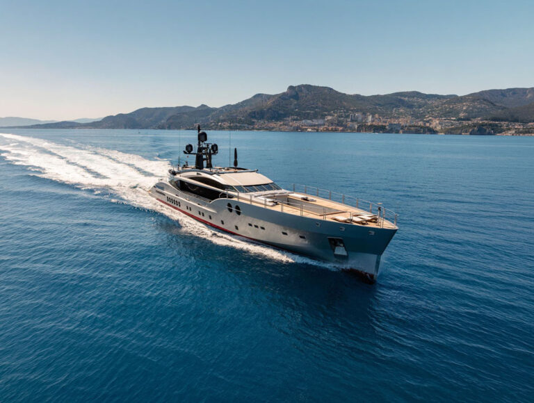 Running profile of DB9, a 171 foot Palmer Johnson yacht for charter in the Mediterranean.