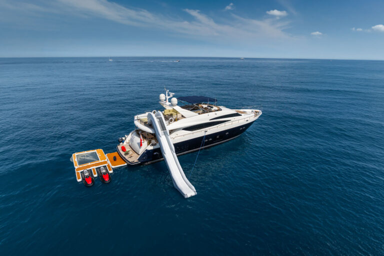 Aft profile of BLUE EYES, a 96-foot Princess yacht for charter in the West Mediterranean.