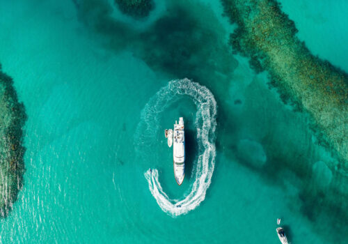 Aerial of 124' Bahamas charter yacht PURSUIT