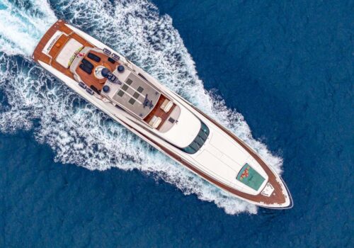Aerial profile of FOUR JACKS 150 foot Palmer Johnson yacht for sale.