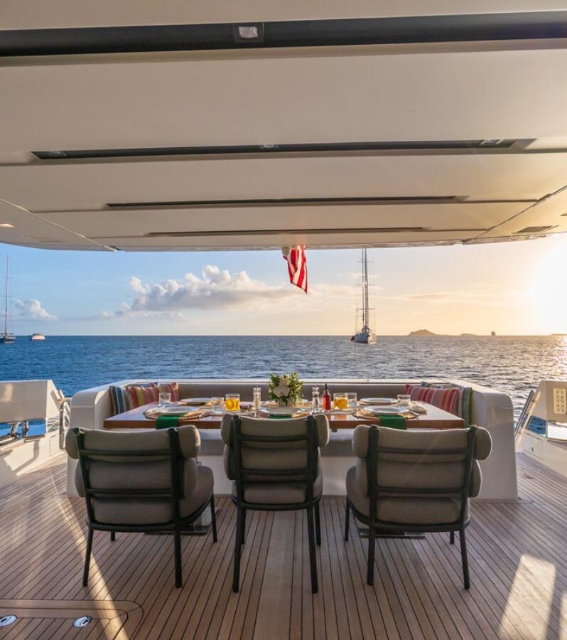 Aft deck of SWEET VIRGINIA, a 96′ Sanlorenzo yacht for charter in The Bahamas.