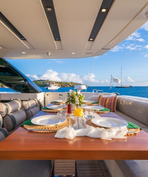 Aft deck of SWEET VIRGINIA, a 96′ Sanlorenzo yacht for charter in The Bahamas.