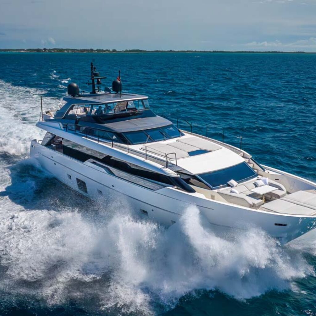 Aerial profile of GATSBY, a 97 foot Sanlorenzo yacht for charter.