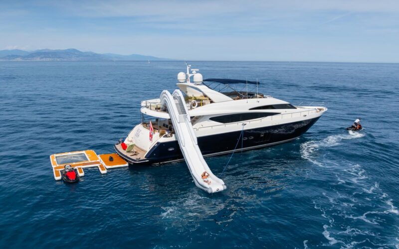 Aft profile of BLUE EYES, a 96-foot Princess yacht for charter in the West Mediterranean.