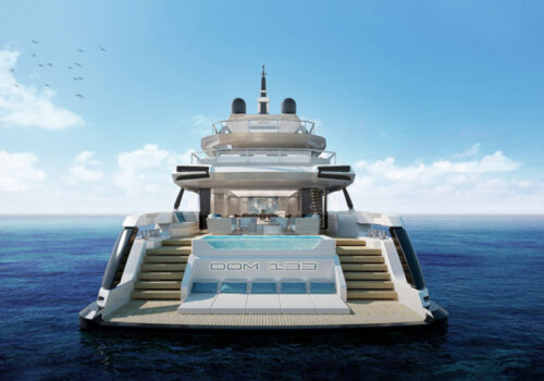 Aft Profile of DOM133 134 foot Baglietto yacht for sale