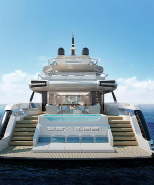 Aft Profile of DOM133 134 foot Baglietto yacht for sale