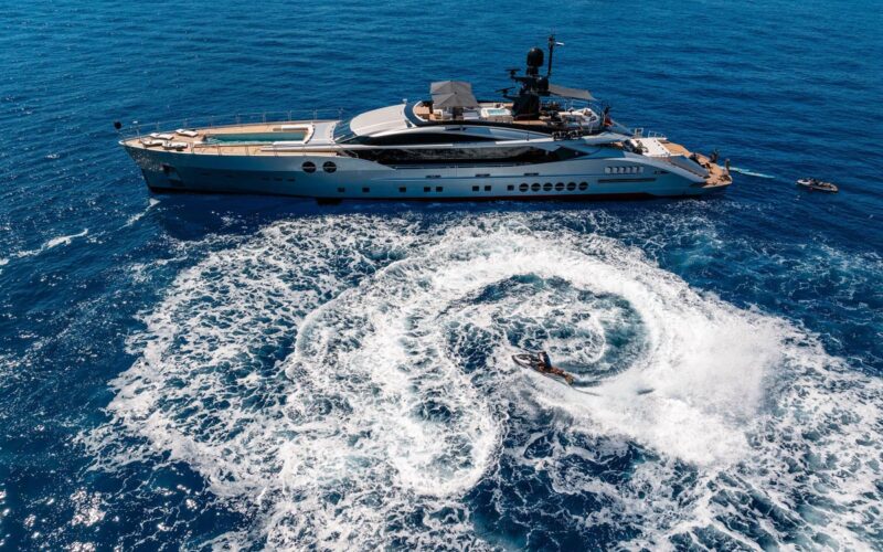 Aerial profile of DB9, a 171 foot Palmer Johnson yacht for charter in the Mediterranean.