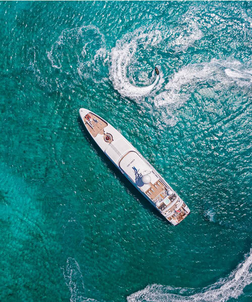 Aerial of DOUBLE DOWN 214 foot Codecasa megayacht for sale