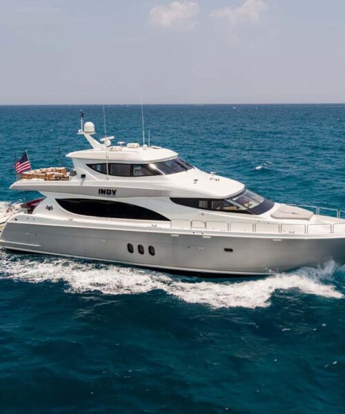 Profile of INDY, an 85 foot Hatteras yacht for charter.